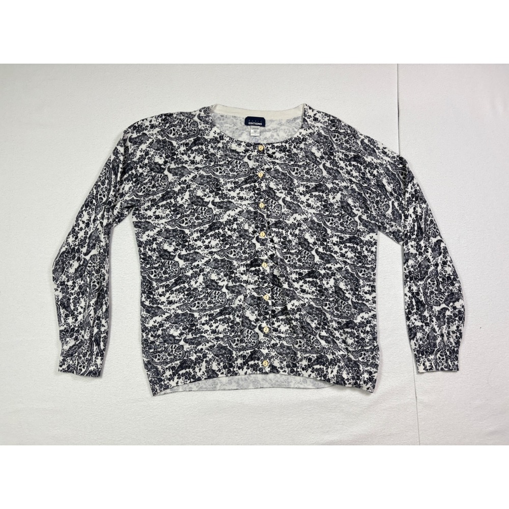 Basic Editions Womens Large Cardigan Sweater Navy Blue White Paisley Floral Knit